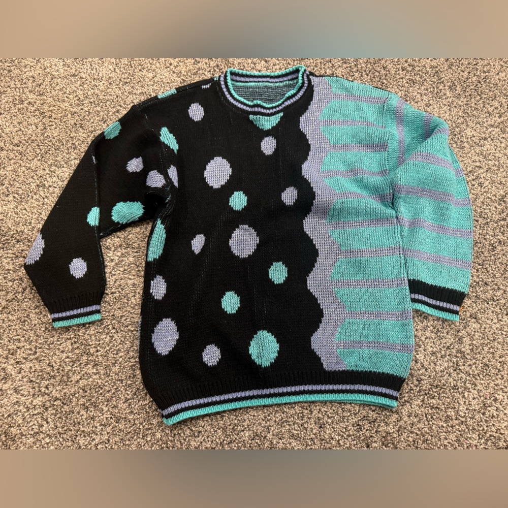 Vintage Metallic Colorful Polka Dot and Stripe Sweater Made in the USA